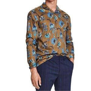 Scotch & Soda Regular Fit Green and Blue Satin Floral Long Sleeve Button Down L